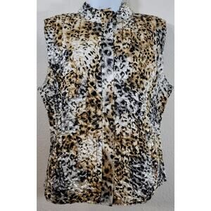 Ruby Rd. Gold White Black Animal Print Puffy Vest Large Sleeveless Full Zip Soft